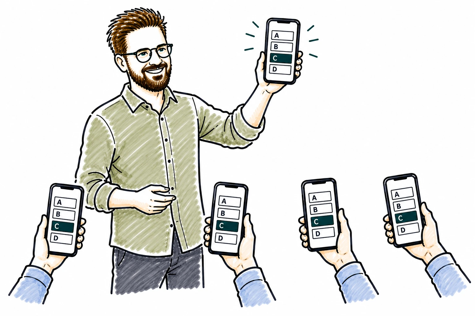 Valentin Rausch hält ein Smartphone hoch, aus der Gruppe strecken sich weitere Smartphones entgegen. Flipchart-Zeichnung.