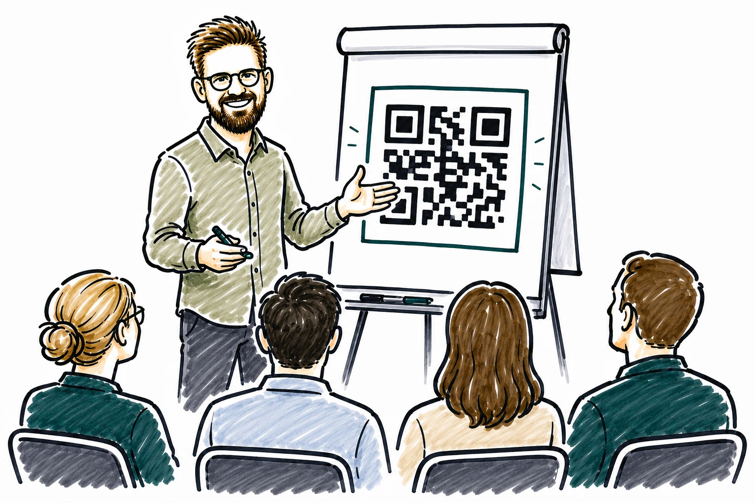 Valentin Rausch am Flipchart mit einem QR-Code, vor einem Halbkreis aus Sitzenden. Flipchart-Zeichnung.