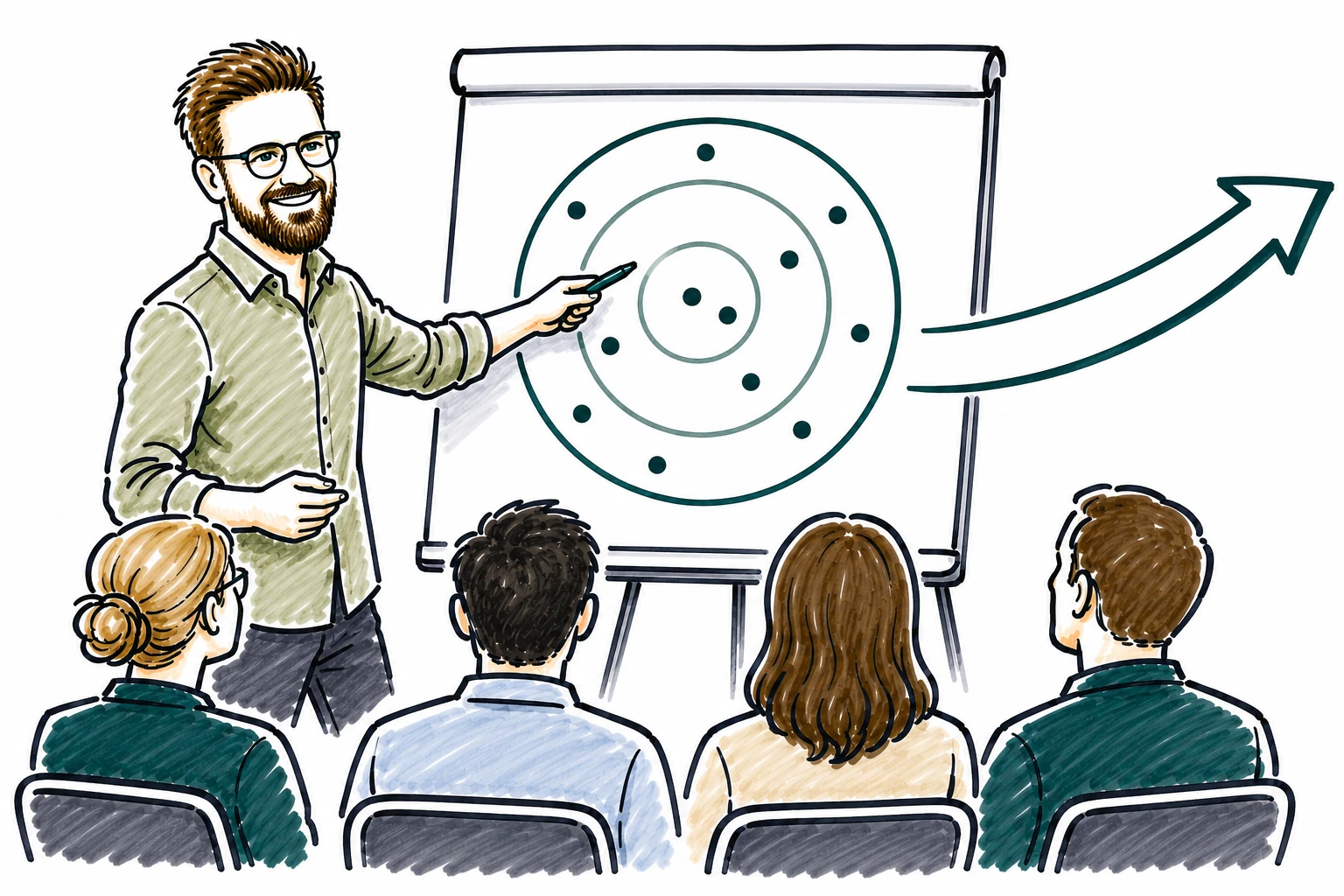 Valentin Rausch zeigt auf eine Zielscheibe am Flipchart, daneben ein Pfeil nach vorn. Flipchart-Zeichnung.